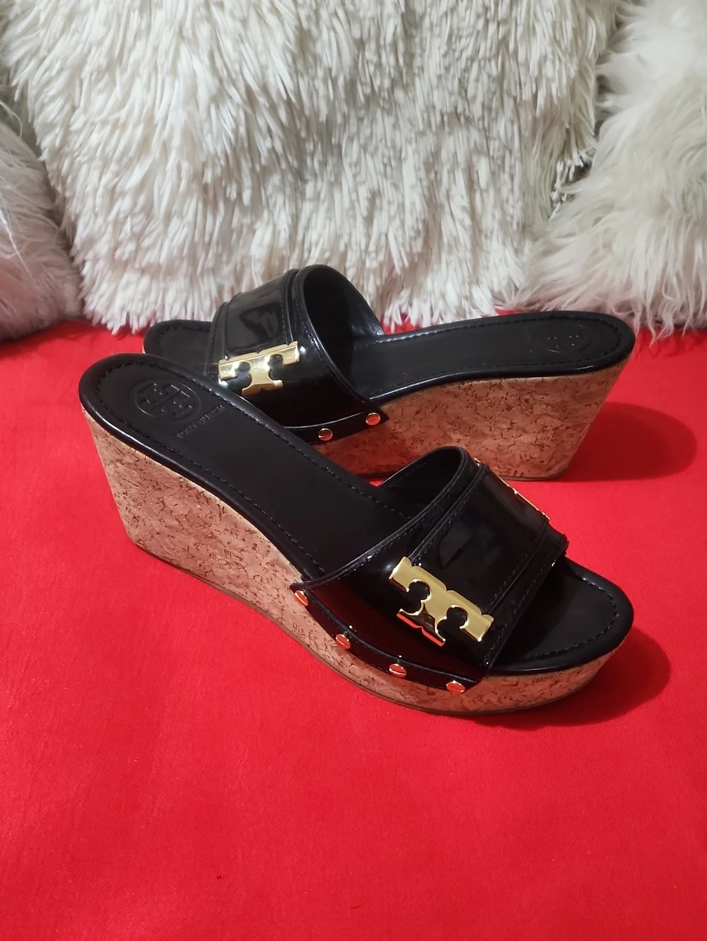 Tory Burch Pamela Black Patent Cork Wedge Slide Sandals with Gold Logo